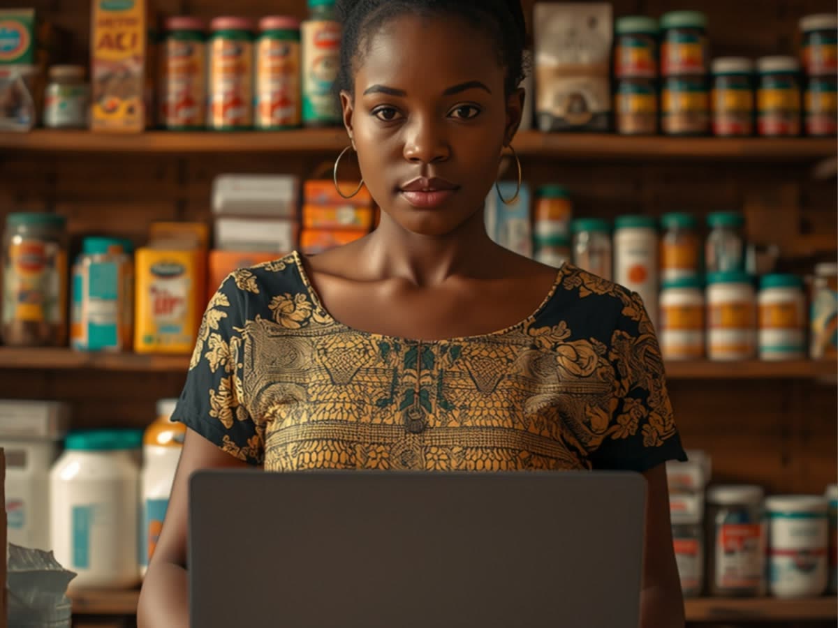 A shop owner checking her Rouvoo orders on a laptop at her counter